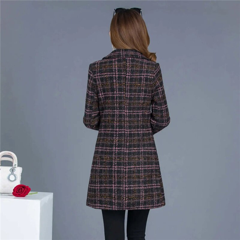 JAUNS Rudens Ziemas Vilnas Mētelis Sieviešu Režģis Mēteļi Sieviešu Apģērbi 5XL Gari Virsdrēbes Ikdienas Vilnas Mujer Mēteļi Casaco Fem