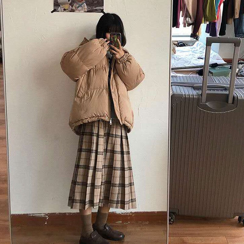 Svaiga preppy stila gara polsterēta jaka Lielgabarīta, moderns, mīlīgs meitenes vairākās konfektes krāsās kažokādas apkakle meitenes kokvilnas mētelis