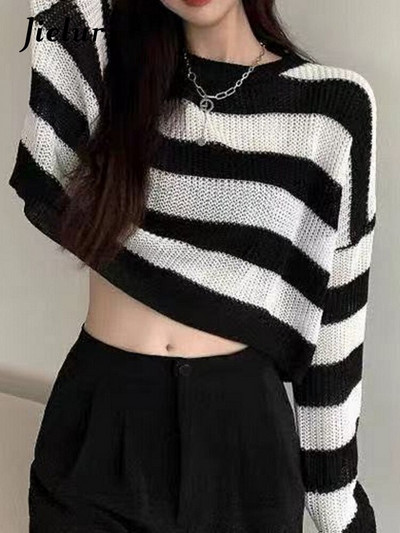 Jielur korejiešu stila svītrains, apgriezts džemperis Sieviešu retro lielizmēra trikotāžas džemperis sievietēm rudens garām piedurknēm, džemperi ar O veida kakla izgriezumu