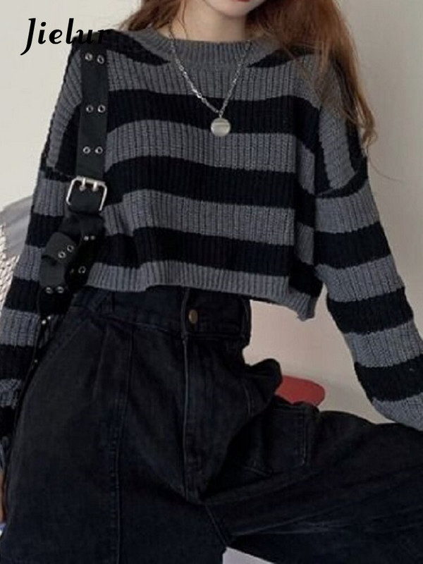 Jielur korejiešu stila svītrains, apgriezts džemperis Sieviešu retro lielizmēra trikotāžas džemperis sievietēm rudens garām piedurknēm, džemperi ar O veida kakla izgriezumu