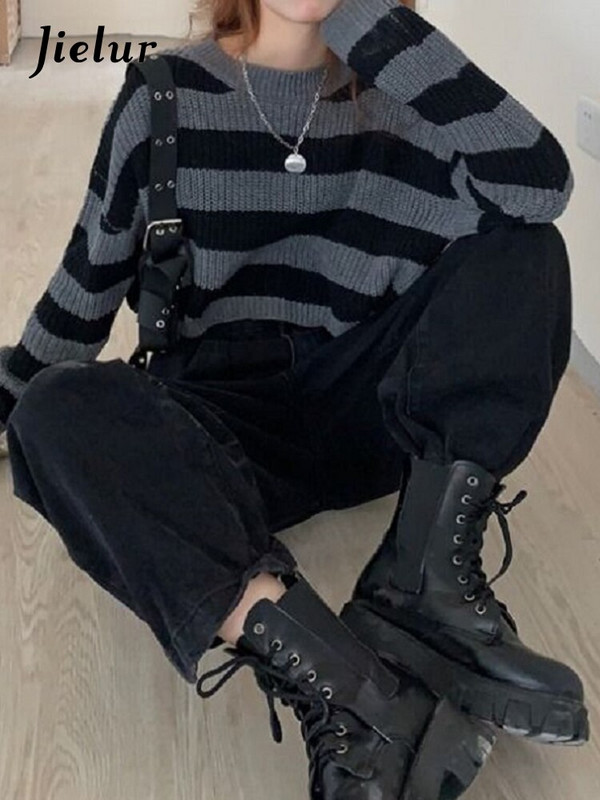 Jielur korejiešu stila svītrains, apgriezts džemperis Sieviešu retro lielizmēra trikotāžas džemperis sievietēm rudens garām piedurknēm, džemperi ar O veida kakla izgriezumu