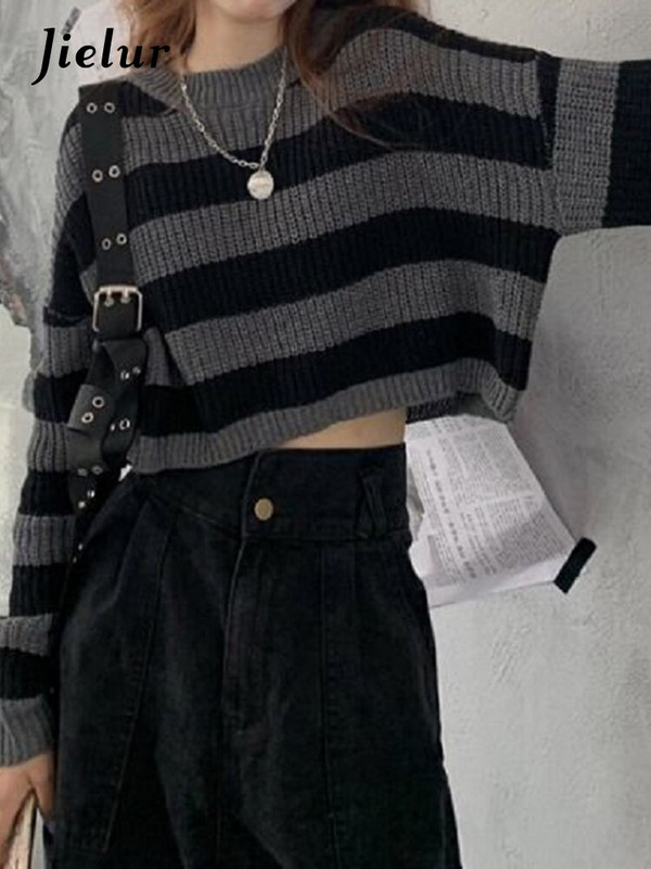 Jielur korejiešu stila svītrains, apgriezts džemperis Sieviešu retro lielizmēra trikotāžas džemperis sievietēm rudens garām piedurknēm, džemperi ar O veida kakla izgriezumu