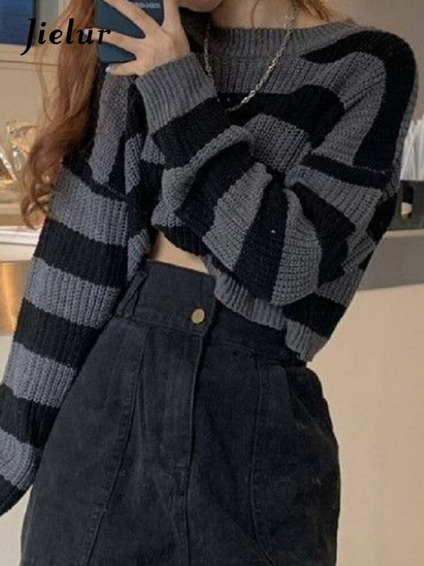 Jielur korejiešu stila svītrains, apgriezts džemperis Sieviešu retro lielizmēra trikotāžas džemperis sievietēm rudens garām piedurknēm, džemperi ar O veida kakla izgriezumu