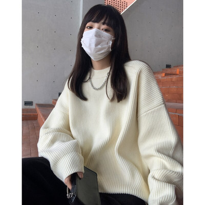 Γυναικείο πουλόβερ με στρογγυλή λαιμόκοψη Κορεάτικη μόδα Ελεύθερος Τεμπέλης Άνεμος Χαλαρός Χειμερινός Μακρυμάνικο Παχύ Πλεκτό Πλεκτό Πουλόβερ
