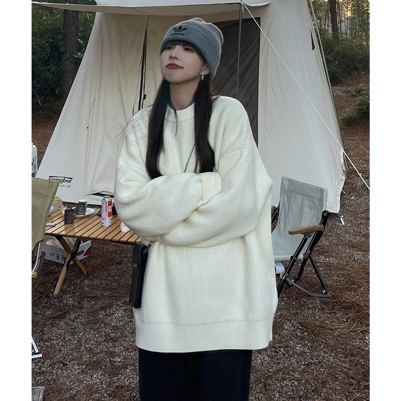 Γυναικείο πουλόβερ με στρογγυλή λαιμόκοψη Κορεάτικη μόδα Ελεύθερος Τεμπέλης Άνεμος Χαλαρός Χειμερινός Μακρυμάνικο Παχύ Πλεκτό Πλεκτό Πουλόβερ