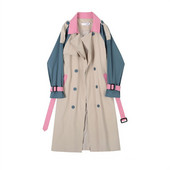 Eleganta sieviešu vidēja garuma raibs krāsas tranšeja ar jostu Rudens korejiešu divrindu sieviešu virsdrēbes ar garām piedurknēm vējjaka