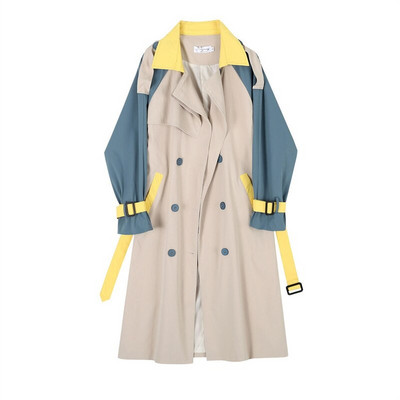 Eleganta sieviešu vidēja garuma raibs krāsas tranšeja ar jostu Rudens korejiešu divrindu sieviešu virsdrēbes ar garām piedurknēm vējjaka