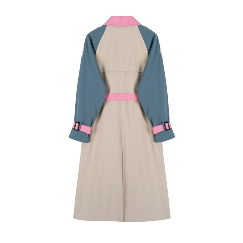 Eleganta sieviešu vidēja garuma raibs krāsas tranšeja ar jostu Rudens korejiešu divrindu sieviešu virsdrēbes ar garām piedurknēm vējjaka