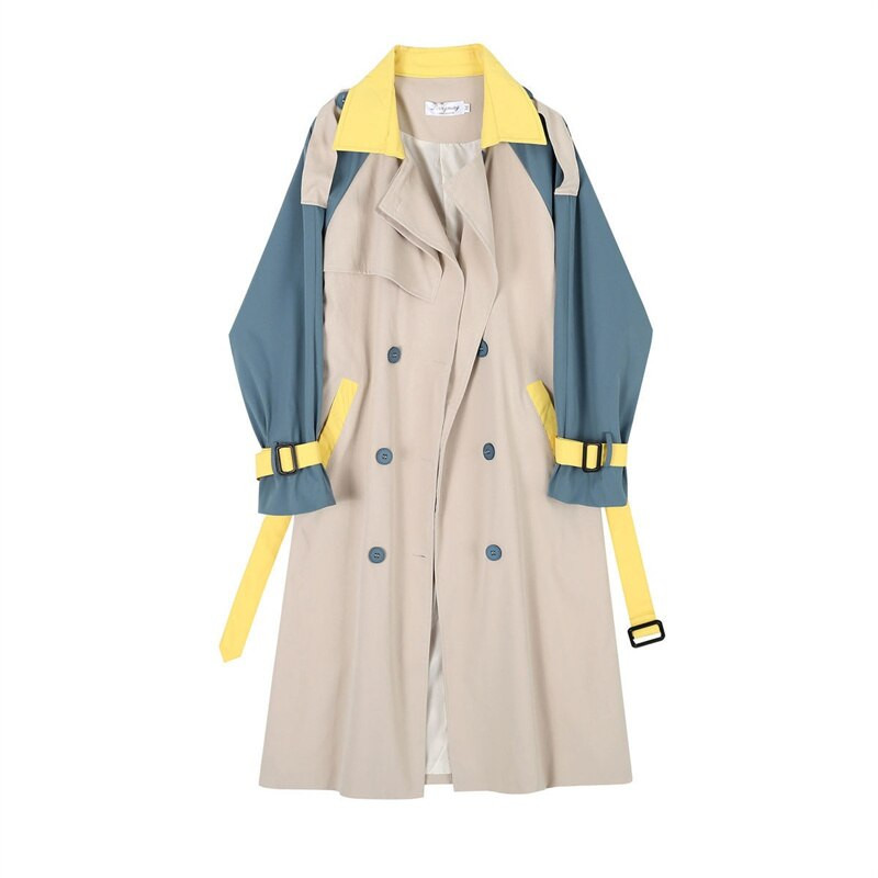 Eleganta sieviešu vidēja garuma raibs krāsas tranšeja ar jostu Rudens korejiešu divrindu sieviešu virsdrēbes ar garām piedurknēm vējjaka