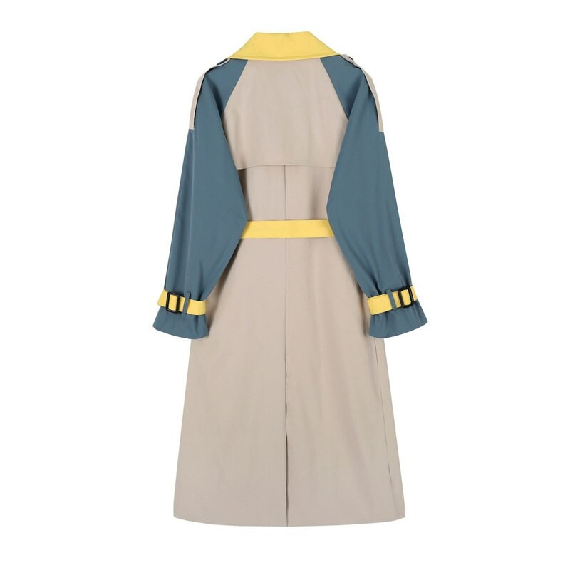 Eleganta sieviešu vidēja garuma raibs krāsas tranšeja ar jostu Rudens korejiešu divrindu sieviešu virsdrēbes ar garām piedurknēm vējjaka