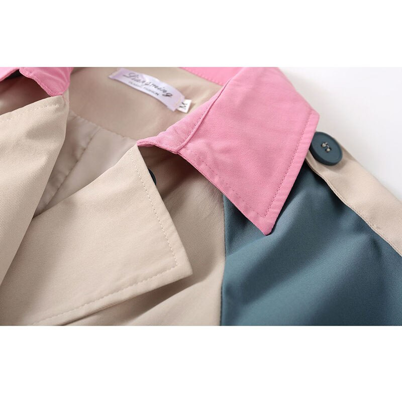 Eleganta sieviešu vidēja garuma raibs krāsas tranšeja ar jostu Rudens korejiešu divrindu sieviešu virsdrēbes ar garām piedurknēm vējjaka