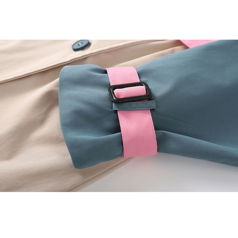 Eleganta sieviešu vidēja garuma raibs krāsas tranšeja ar jostu Rudens korejiešu divrindu sieviešu virsdrēbes ar garām piedurknēm vējjaka