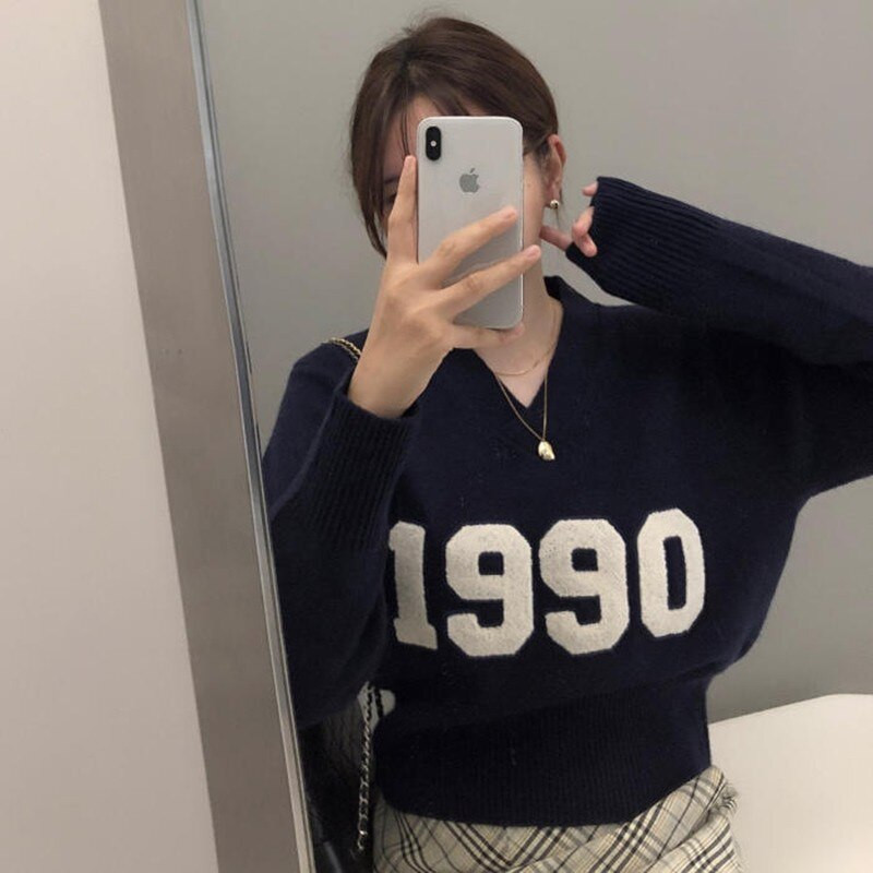 Novi dolazak, jesen 2022. Ženski ležerni, sveobuhvatni pulover dugih rukava s V-izrezom, pamučni pleteni pulover s printom u korejskom stilu