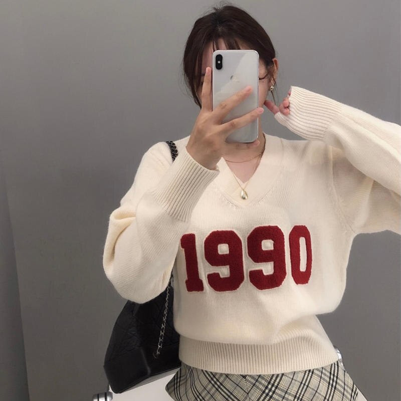 Novi dolazak, jesen 2022. Ženski ležerni, sveobuhvatni pulover dugih rukava s V-izrezom, pamučni pleteni pulover s printom u korejskom stilu