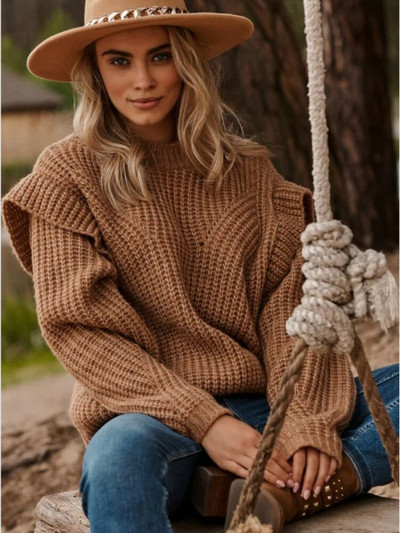 Rudens ziemas vienkrāsains trikotāžas džemperis Modes piepilsētas stila sieviešu īss džemperis ar apaļu kakla izgriezumu, brīvi trikotāžas izstrādājumi ar garām piedurknēm