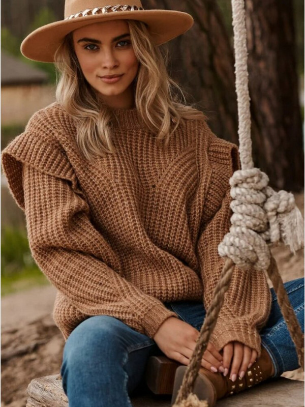 Rudens ziemas vienkrāsains trikotāžas džemperis Modes piepilsētas stila sieviešu īss džemperis ar apaļu kakla izgriezumu, brīvi trikotāžas izstrādājumi ar garām piedurknēm