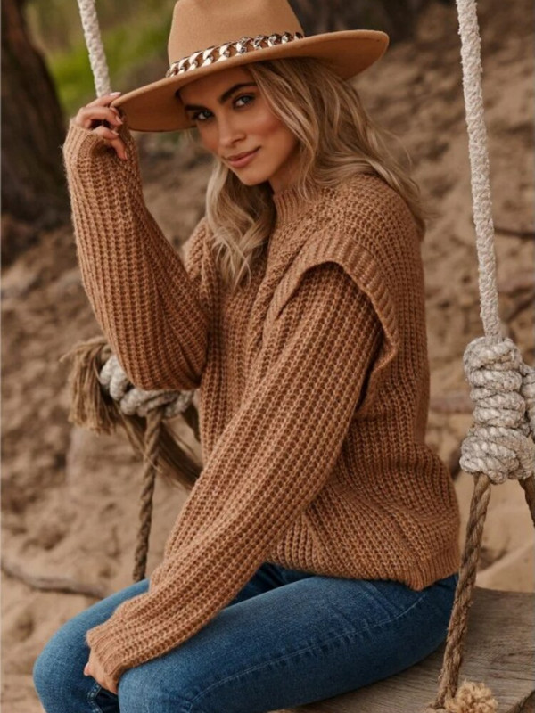 Rudens ziemas vienkrāsains trikotāžas džemperis Modes piepilsētas stila sieviešu īss džemperis ar apaļu kakla izgriezumu, brīvi trikotāžas izstrādājumi ar garām piedurknēm