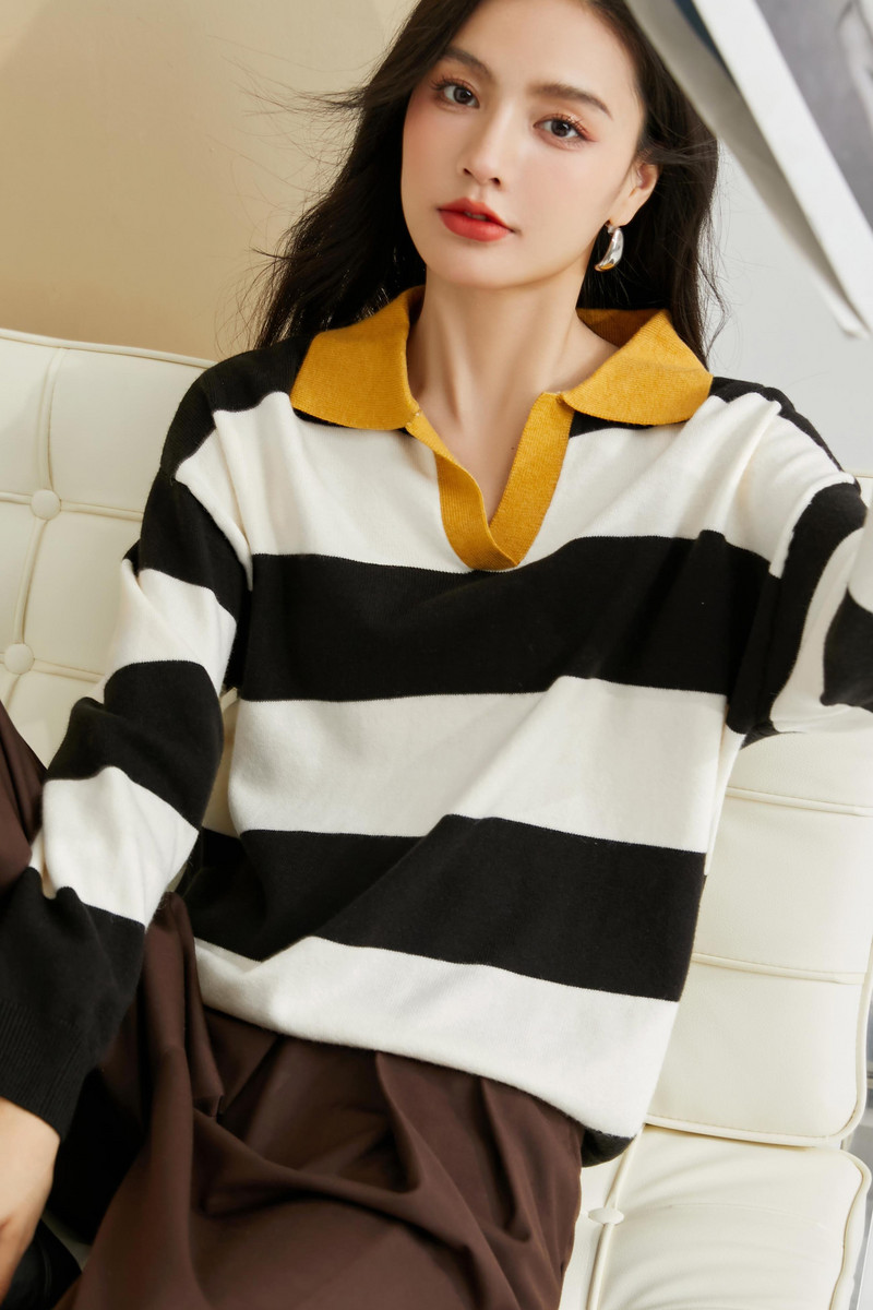 Ženski pulover Wisher&Tong Jesen Zima 2022. Polo dugih rukava Pleteni prugasti Ležerni široki pulover Pulover Majice u korejskom stilu