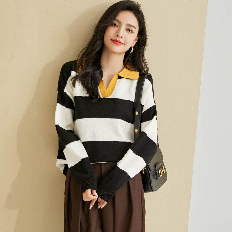 Ženski pulover Wisher&Tong Jesen Zima 2022. Polo dugih rukava Pleteni prugasti Ležerni široki pulover Pulover Majice u korejskom stilu