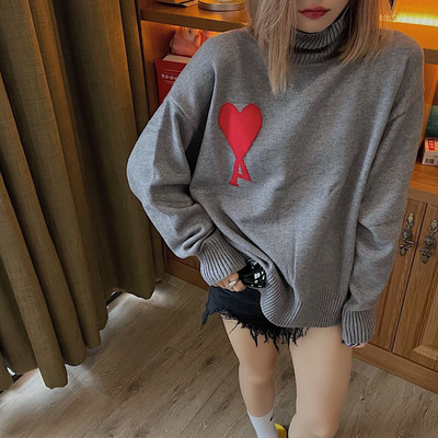 Ανδρικό και γυναικείο πουλόβερ με ζιβάγκο με μεγάλη ροδακινί καρδιά, χαλαρά ζεστά ρούχα, γαλλική μάρκα, μόδα, πουλόβερ Y2k Trf Traf