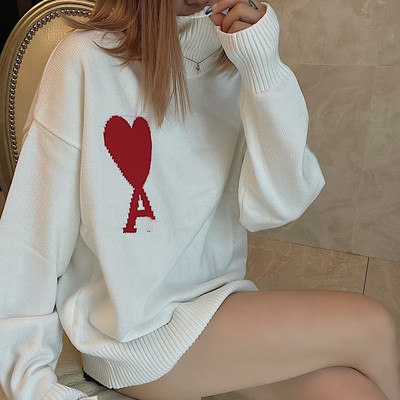 Ανδρικό και γυναικείο πουλόβερ με ζιβάγκο με μεγάλη ροδακινί καρδιά, χαλαρά ζεστά ρούχα, γαλλική μάρκα, μόδα, πουλόβερ Y2k Trf Traf