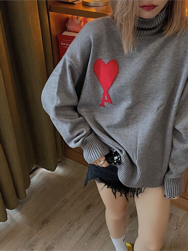 Ανδρικό και γυναικείο πουλόβερ με ζιβάγκο με μεγάλη ροδακινί καρδιά, χαλαρά ζεστά ρούχα, γαλλική μάρκα, μόδα, πουλόβερ Y2k Trf Traf