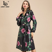 LD LINDA DELLA Fashion Runway Proljetni dugi PU trenč kaput Ženski kaput s otvorenim ovratnikom Remen Vintage gornji kaput s printom ružinog cvijeta