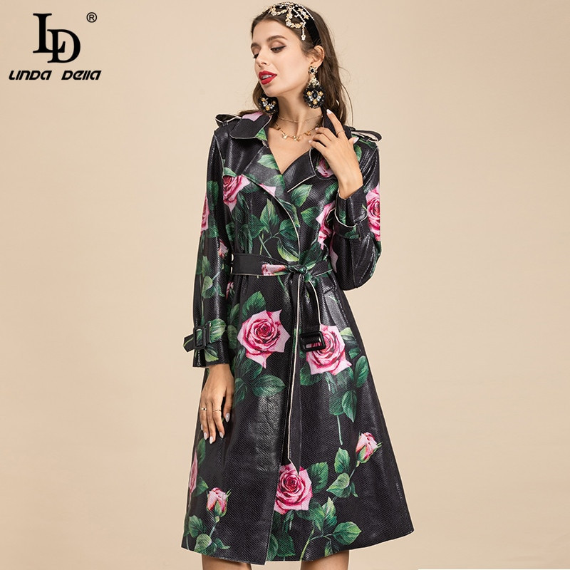 LD LINDA DELLA Fashion Runway Proljetni dugi PU trenč kaput Ženski kaput s otvorenim ovratnikom Remen Vintage gornji kaput s printom ružinog cvijeta