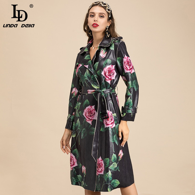 LD LINDA DELLA Fashion Runway Proljetni dugi PU trenč kaput Ženski kaput s otvorenim ovratnikom Remen Vintage gornji kaput s printom ružinog cvijeta