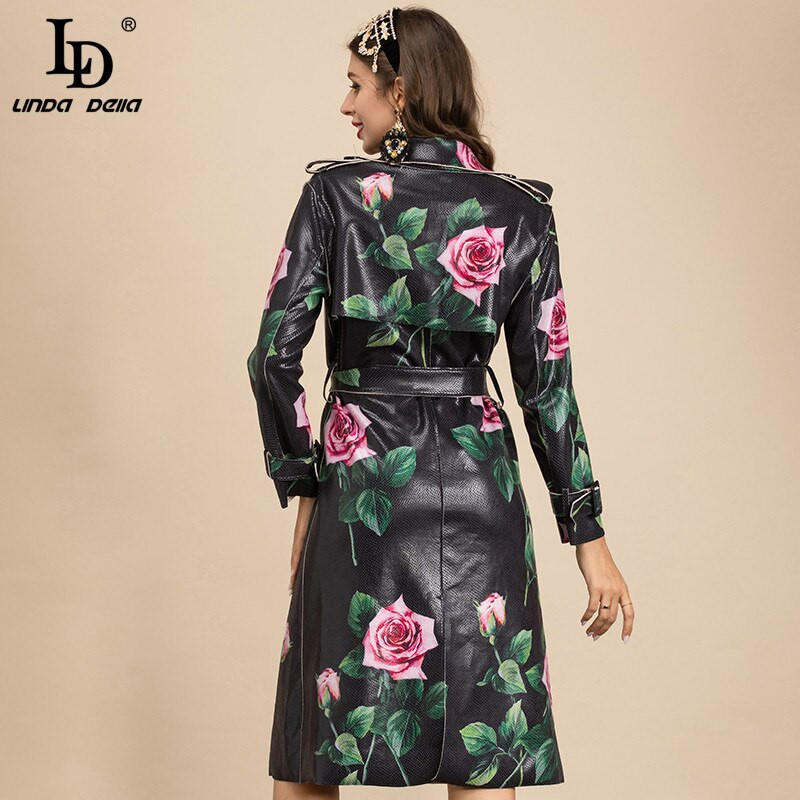 LD LINDA DELLA Fashion Runway Proljetni dugi PU trenč kaput Ženski kaput s otvorenim ovratnikom Remen Vintage gornji kaput s printom ružinog cvijeta