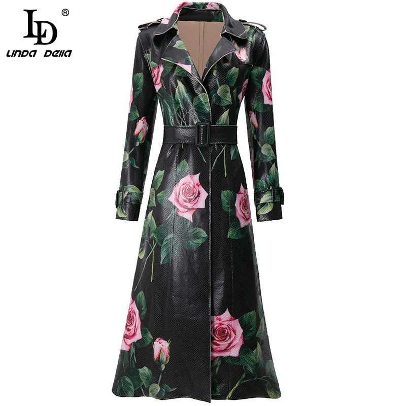 LD LINDA DELLA Fashion Runway Proljetni dugi PU trenč kaput Ženski kaput s otvorenim ovratnikom Remen Vintage gornji kaput s printom ružinog cvijeta