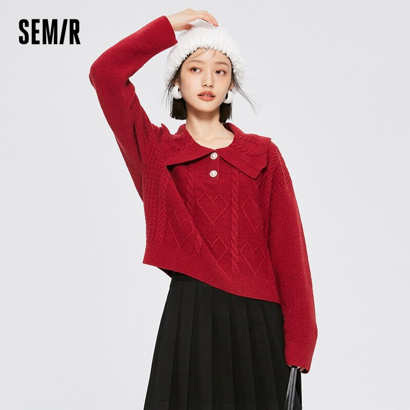 Γυναικείο πουλόβερ Semir σε κοντό στυλ που φαίνεται ψηλό και κοριτσίστικο μεγάλο πέτο 2022 Χειμώνας σε νέο στυλ Γυναίκα χαλαρό στριφτό μπλουζάκι
