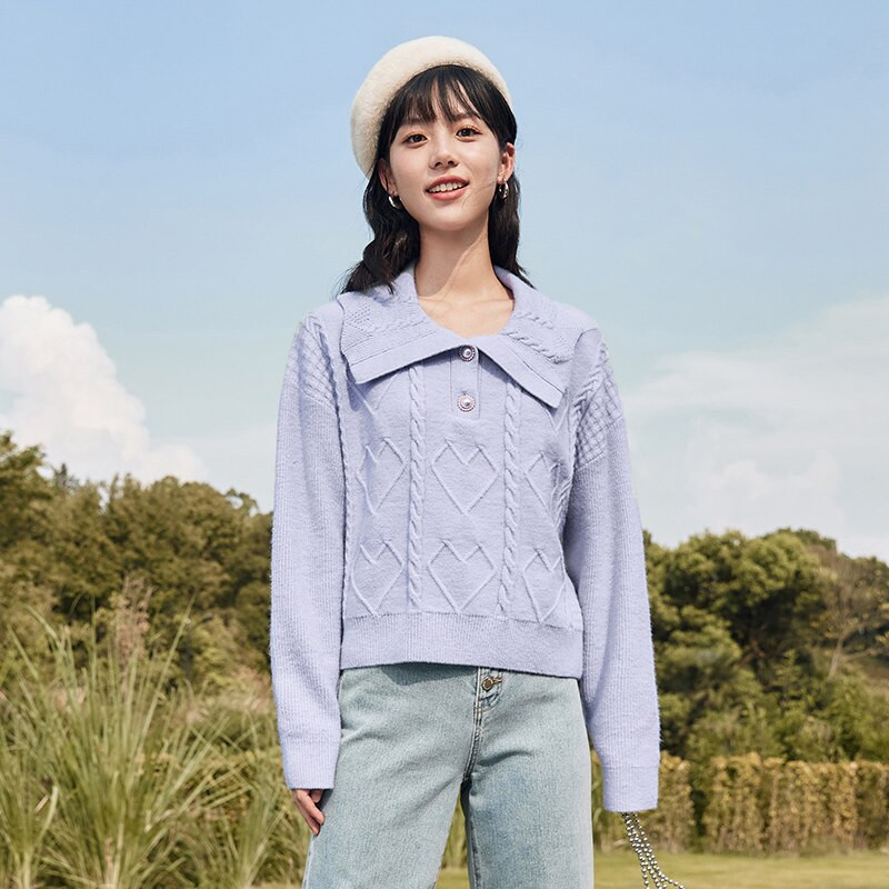 Γυναικείο πουλόβερ Semir σε κοντό στυλ που φαίνεται ψηλό και κοριτσίστικο μεγάλο πέτο 2022 Χειμώνας σε νέο στυλ Γυναίκα χαλαρό στριφτό μπλουζάκι