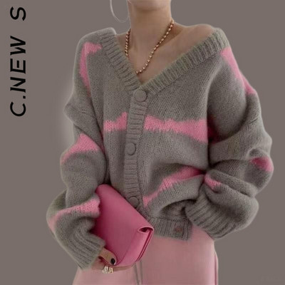 C.New S trikotāžas modes sieviešu džemperis, lēts, vienkāršs tops sieviešu brīvs ielas apģērbs, silts sieviešu džemperis ar V-veida kakla izgriezumu, pamata sieviešu topi