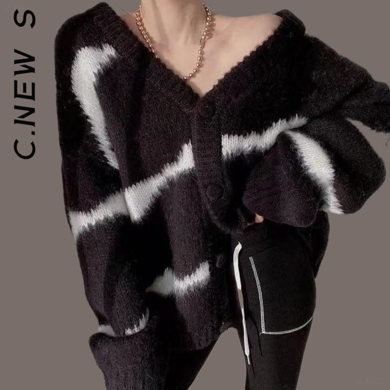 C.New S trikotāžas modes sieviešu džemperis, lēts, vienkāršs tops sieviešu brīvs ielas apģērbs, silts sieviešu džemperis ar V-veida kakla izgriezumu, pamata sieviešu topi