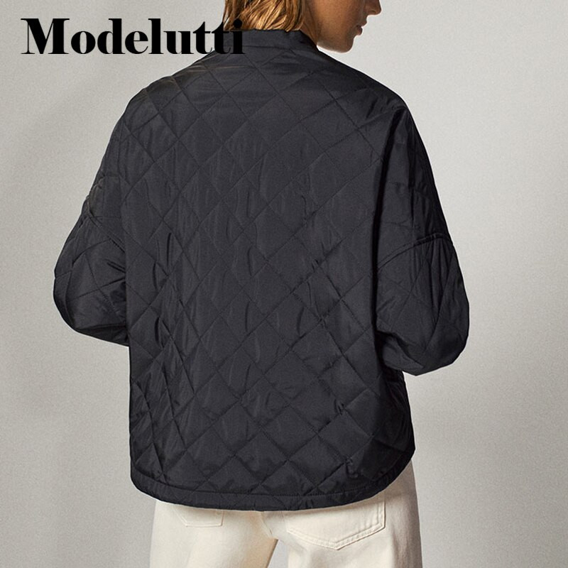 Modelutti Simple Parka sieviešu modes rūtains brīvs īss jaka mētelis ar garām piedurknēm sānu kabatas sieviešu virsdrēbes eleganti topi