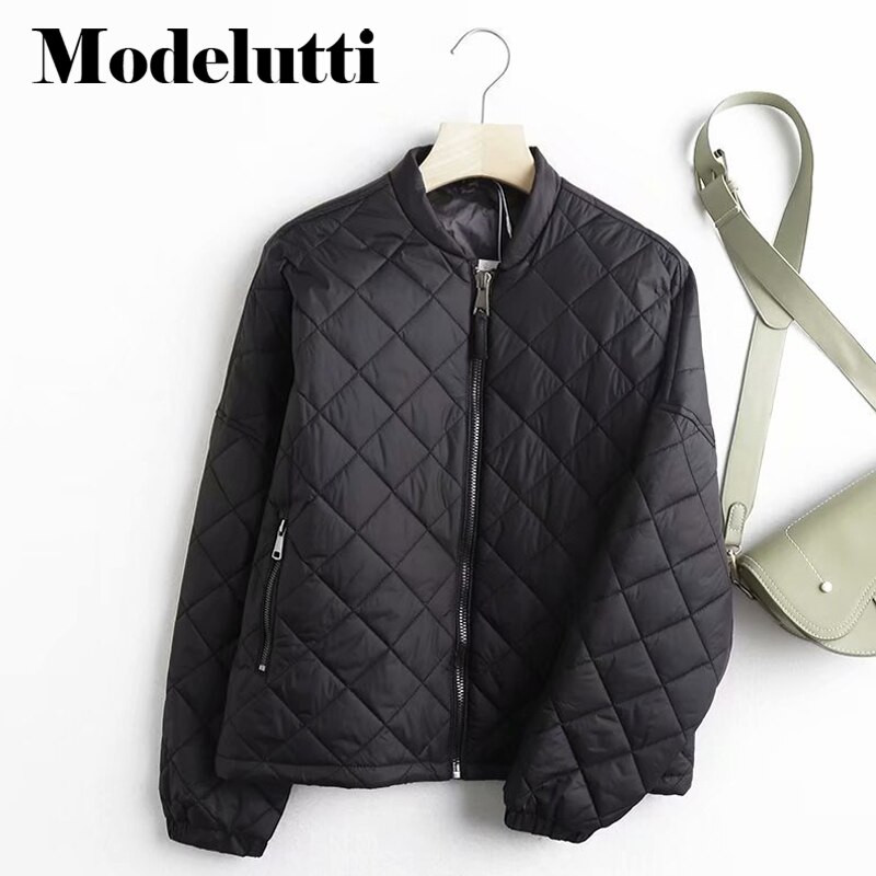 Modelutti Simple Parka sieviešu modes rūtains brīvs īss jaka mētelis ar garām piedurknēm sānu kabatas sieviešu virsdrēbes eleganti topi