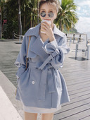 LANMREM Ανοιχτό μπλε καρό αυλάκι για γυναικεία ζώνη με γυριστό γιακά με διπλό στήθος ολόσωμο παλτό 2022 Φθινοπωρινή γυναικεία μόδα 2N688