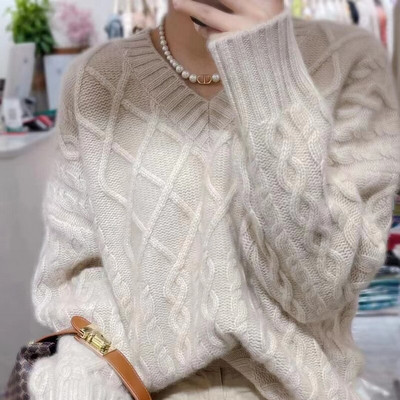 Europski ženski pulover od kašmira/kardigana s V-izrezom, uvrnuti jesenski i zimski podebljani pulover s dugim rukavima, svestrana pletenina