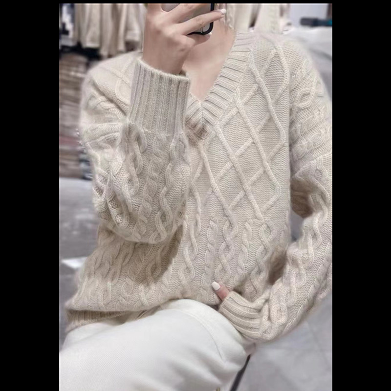 Europski ženski pulover od kašmira/kardigana s V-izrezom, uvrnuti jesenski i zimski podebljani pulover s dugim rukavima, svestrana pletenina