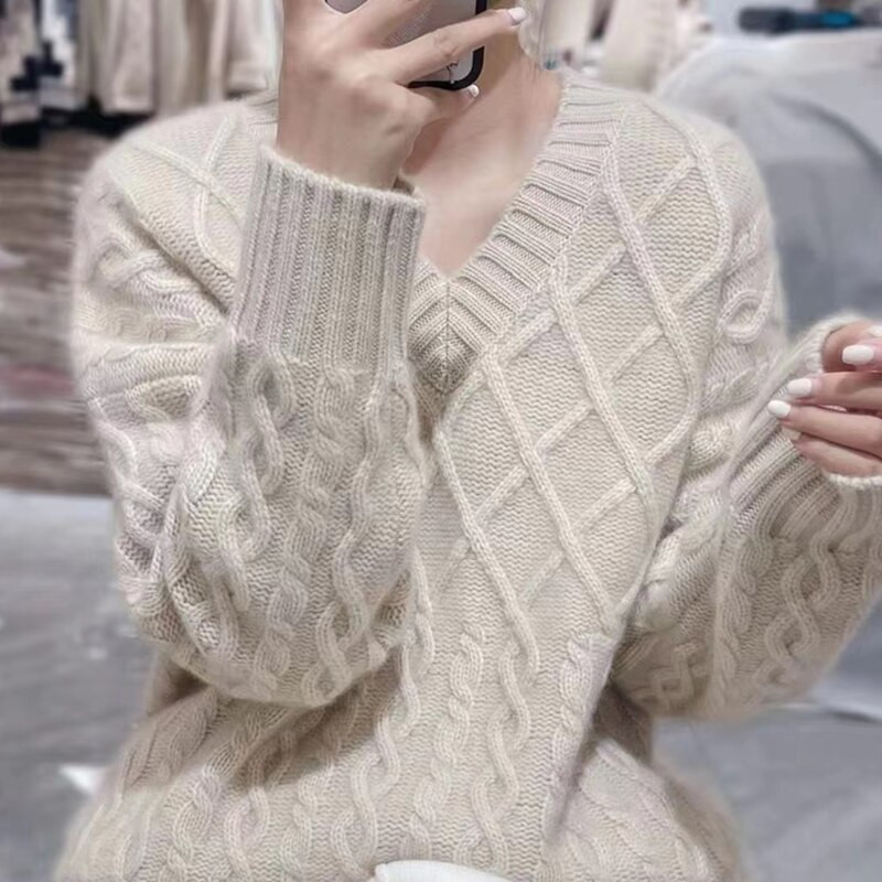Europski ženski pulover od kašmira/kardigana s V-izrezom, uvrnuti jesenski i zimski podebljani pulover s dugim rukavima, svestrana pletenina