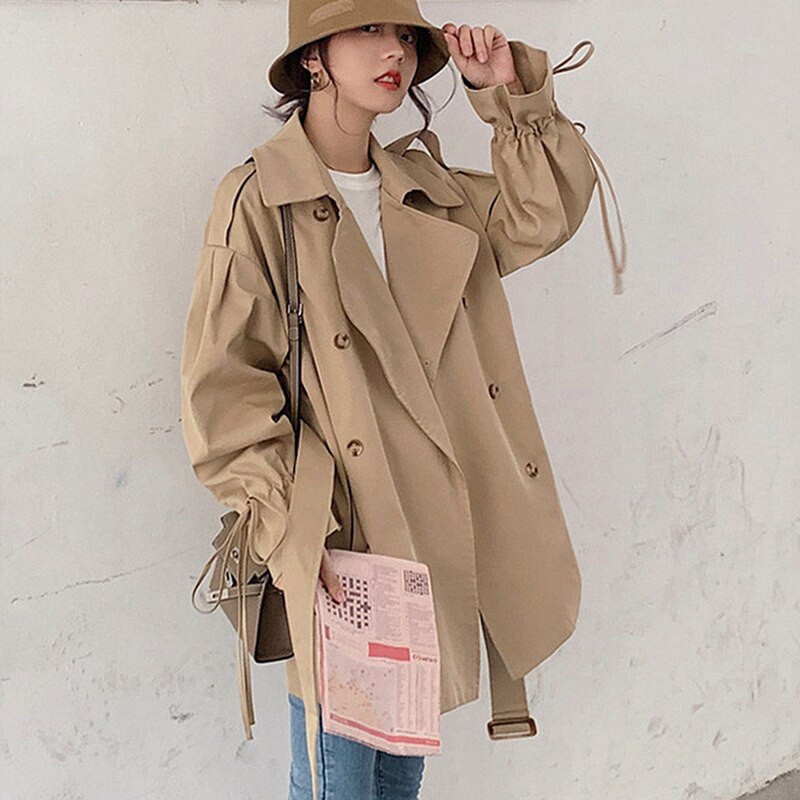 Φθινοπωρινές γυναικείες κορεάτικες γυναικείες οδοντωτές γιακάς καμπαρντίνες Γυναικείες φαρδιά κομψά παλτό αντιανεμικά Μπουφάν πάνω από μαύρα μπλουζάκια