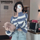 Μόδα ακανόνιστο πουλόβερ σέξι κορυφαία γυναικεία ασπρόμαυρη ρίγα χαλαρή πουλόβερ πλεκτό Street Hip Hop Style Χονδρική