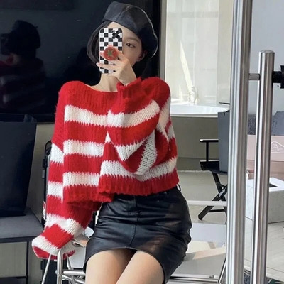 Μόδα ακανόνιστο πουλόβερ σέξι κορυφαία γυναικεία ασπρόμαυρη ρίγα χαλαρή πουλόβερ πλεκτό Street Hip Hop Style Χονδρική