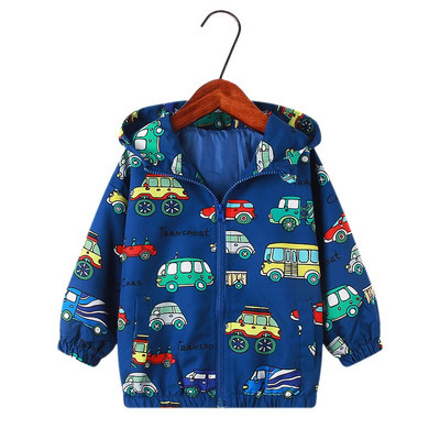 Rudens mazo zēnu drēbes 2022. gada jauns, kvalitatīvs bērnu mētelis, zils automašīnas apdrukas jaka ar kapuci 2–10 gadiem