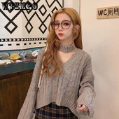 Γάντζος λαιμού V-λαιμόκοψη Σέξι προσεκτική μηχανή Κοντό φαρδύ πλεκτό πουλόβερ Ευέλικτο λεπτό κορεάτικο πουλόβερ casual χονδρική