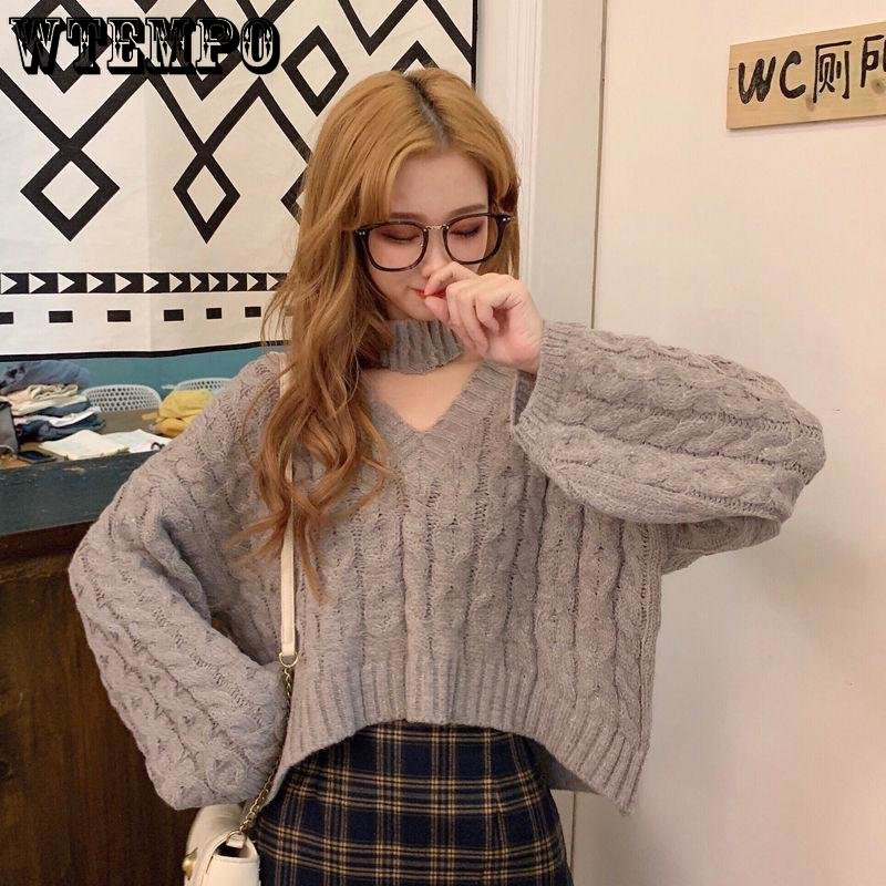 Γάντζος λαιμού V-λαιμόκοψη Σέξι προσεκτική μηχανή Κοντό φαρδύ πλεκτό πουλόβερ Ευέλικτο λεπτό κορεάτικο πουλόβερ casual χονδρική