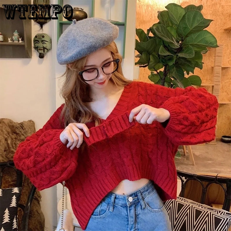 Γάντζος λαιμού V-λαιμόκοψη Σέξι προσεκτική μηχανή Κοντό φαρδύ πλεκτό πουλόβερ Ευέλικτο λεπτό κορεάτικο πουλόβερ casual χονδρική