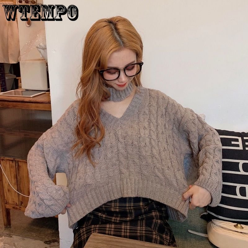 Γάντζος λαιμού V-λαιμόκοψη Σέξι προσεκτική μηχανή Κοντό φαρδύ πλεκτό πουλόβερ Ευέλικτο λεπτό κορεάτικο πουλόβερ casual χονδρική