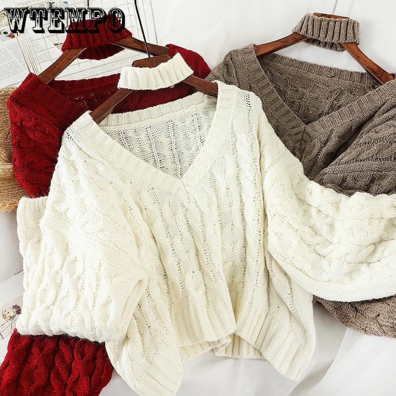 Γάντζος λαιμού V-λαιμόκοψη Σέξι προσεκτική μηχανή Κοντό φαρδύ πλεκτό πουλόβερ Ευέλικτο λεπτό κορεάτικο πουλόβερ casual χονδρική